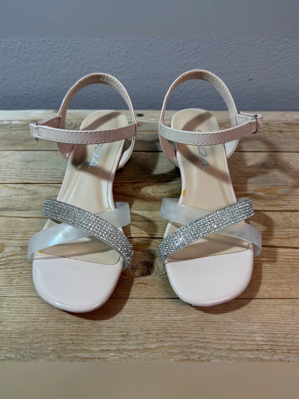 Rhinestone Ankle-Strap Sandals in light peach